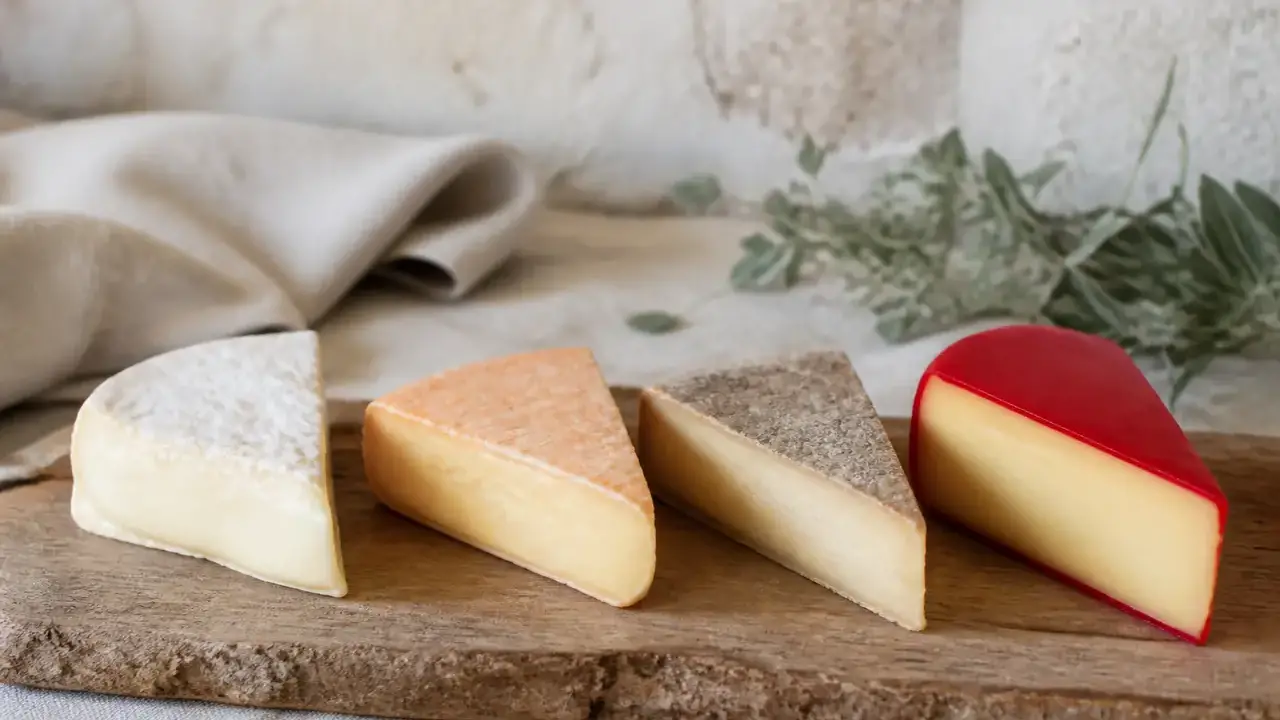 Plusieurs fromages coupés montrant leur croûte : un duvet blanc, une croûte orangée, une croûte grise et une enveloppe de cire rouge