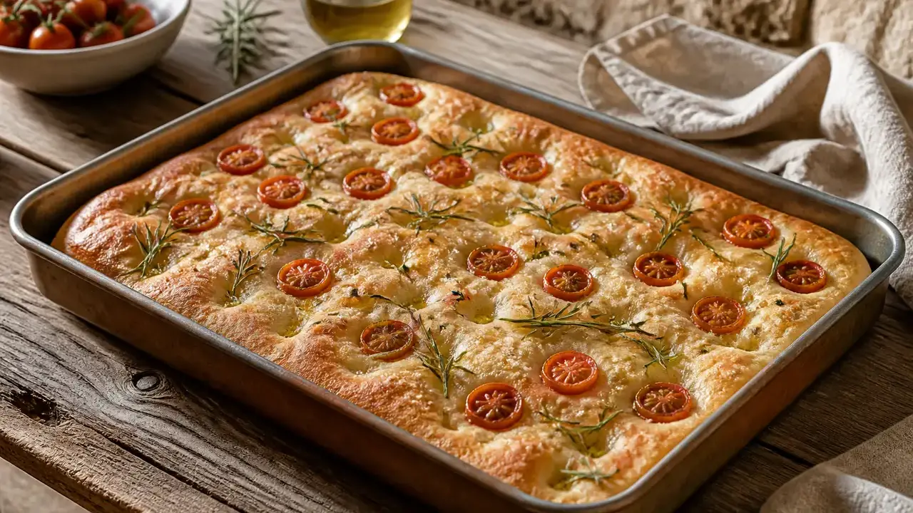 Focaccia dorée dans une plaque rectangulaire, creusée d’alvéoles et garnie de tomates cerises coupées en deux, de romarin et de fleur de sel