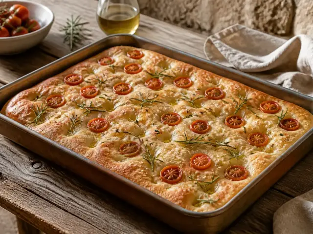 Focaccia dorée dans une plaque rectangulaire, creusée d’alvéoles et garnie de tomates cerises coupées en deux, de romarin et de fleur de sel