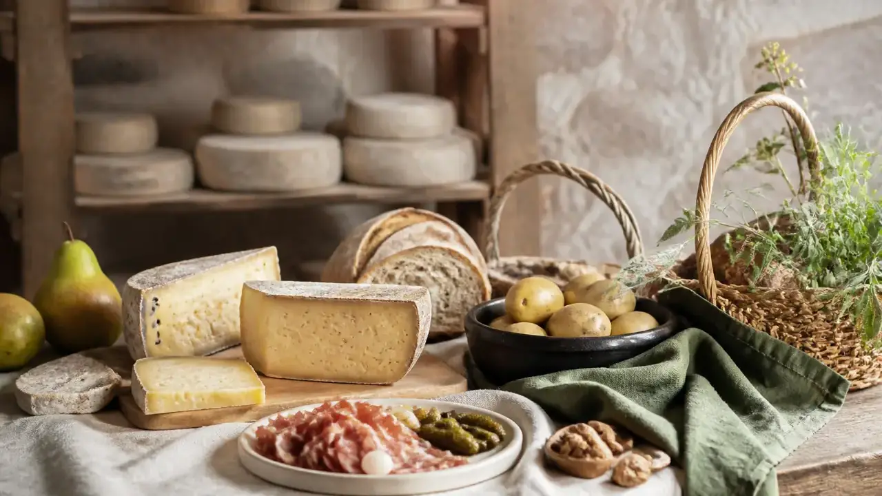 Un appareil à raclette sur une table, avec des tranches de fromage, des pommes de terre en robe des champs et une planche de charcuterie