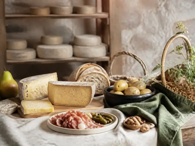 Un appareil à raclette sur une table, avec des tranches de fromage, des pommes de terre en robe des champs et une planche de charcuterie