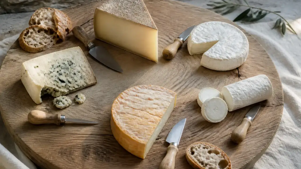 Un plateau en bois avec cinq fromages de familles différentes disposés en cercle, chacun avec son couteau