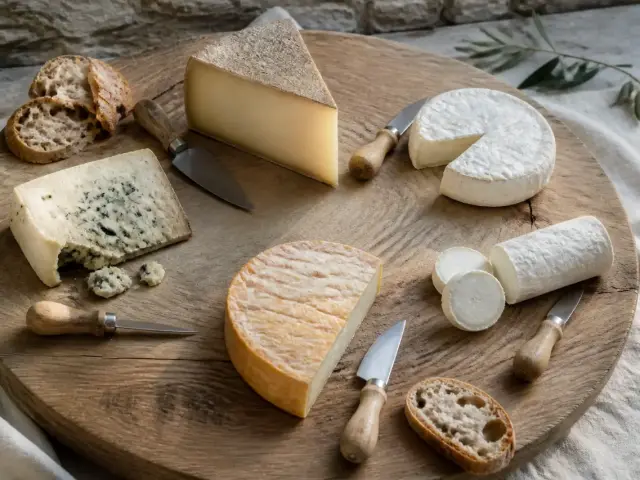 Un plateau en bois avec cinq fromages de familles différentes disposés en cercle, chacun avec son couteau