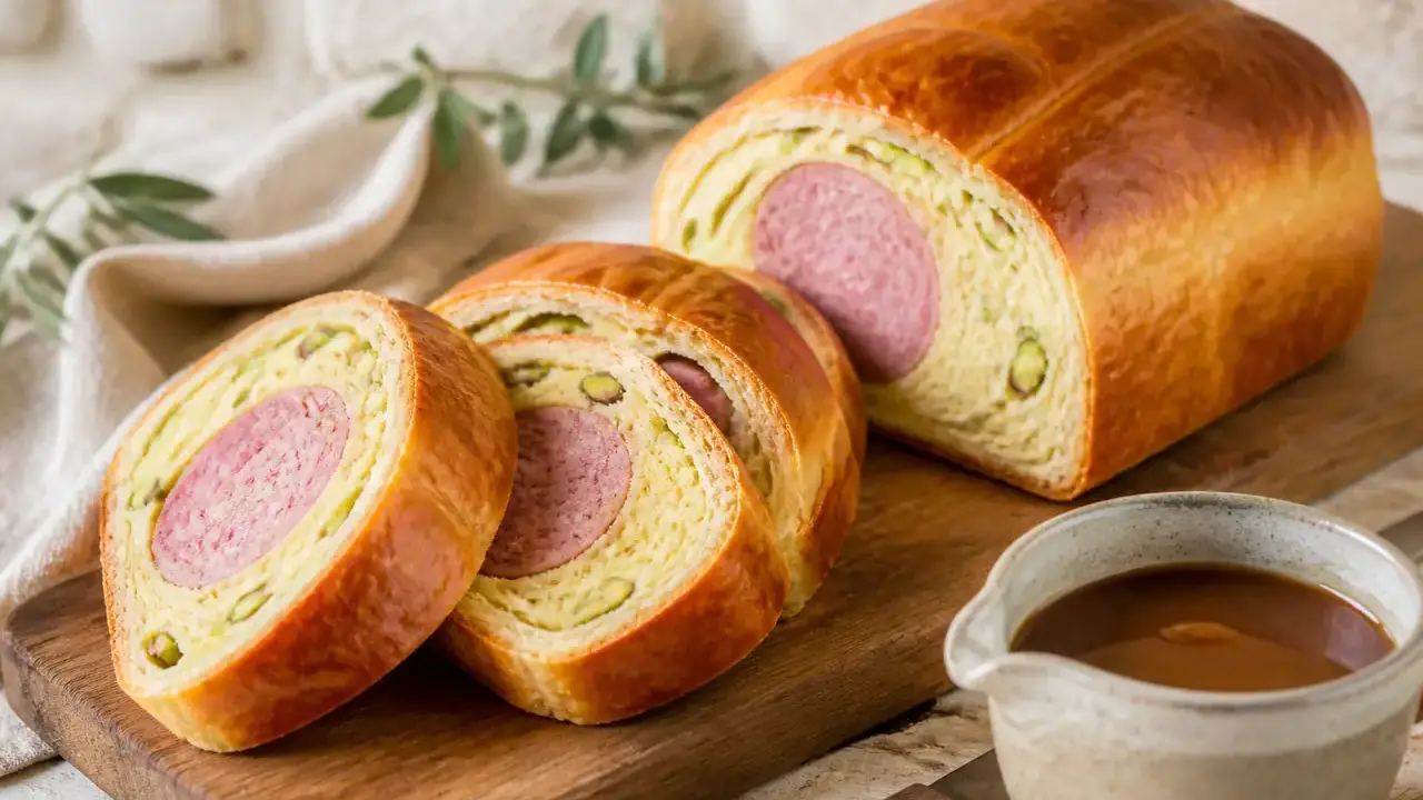 Saucisson brioché doré coupé en tranches épaisses sur une planche en bois, la charcuterie rosée entourée de mie et de pistaches concassées