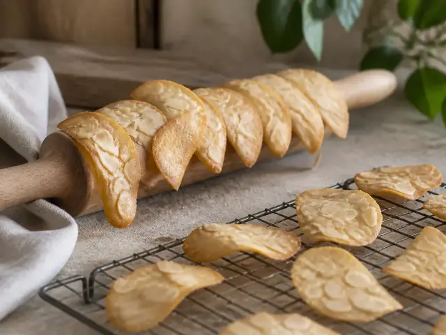 Tuiles aux amandes effilées, dorées sur les bords et incurvées, posées sur un rouleau à pâtisserie en bois et sur une grille