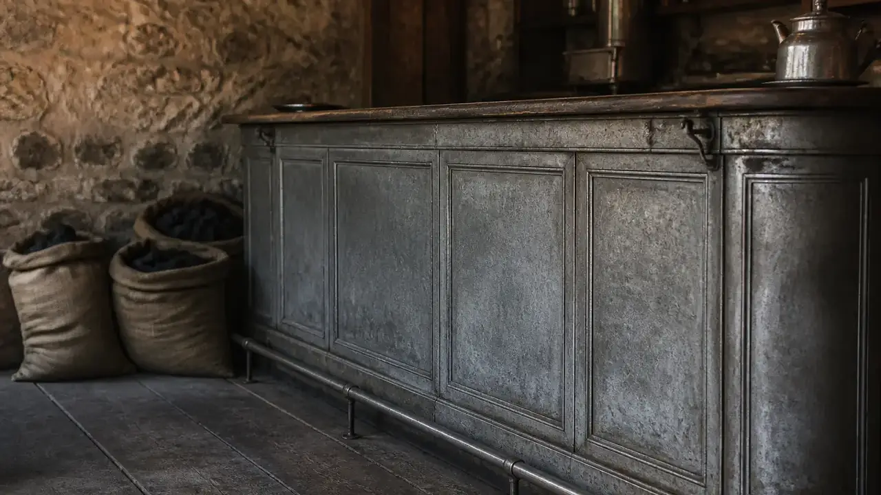 Un vieux comptoir de café en zinc et quelques sacs de charbon de bois en toile de jute posés contre un mur de pierre