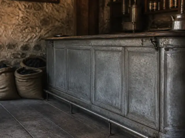 Un vieux comptoir de café en zinc et quelques sacs de charbon de bois en toile de jute posés contre un mur de pierre