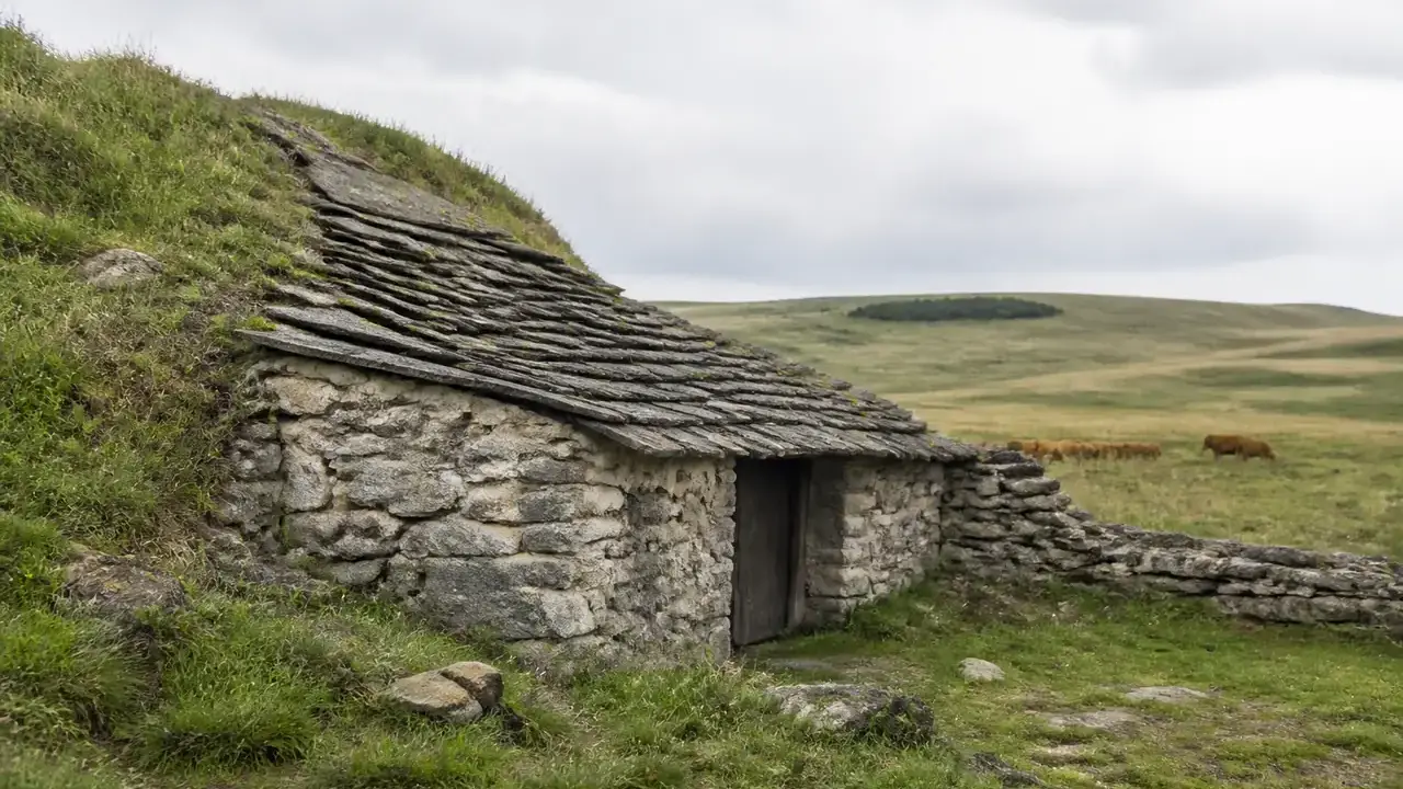 Une petite maison de pierre au toit de lauzes, adossée à une pente herbeuse, sur un plateau d’altitude
