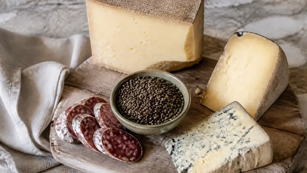 Une planche en bois avec plusieurs fromages de montagne entamés, un bol de lentilles vertes et quelques tranches de saucisson sec