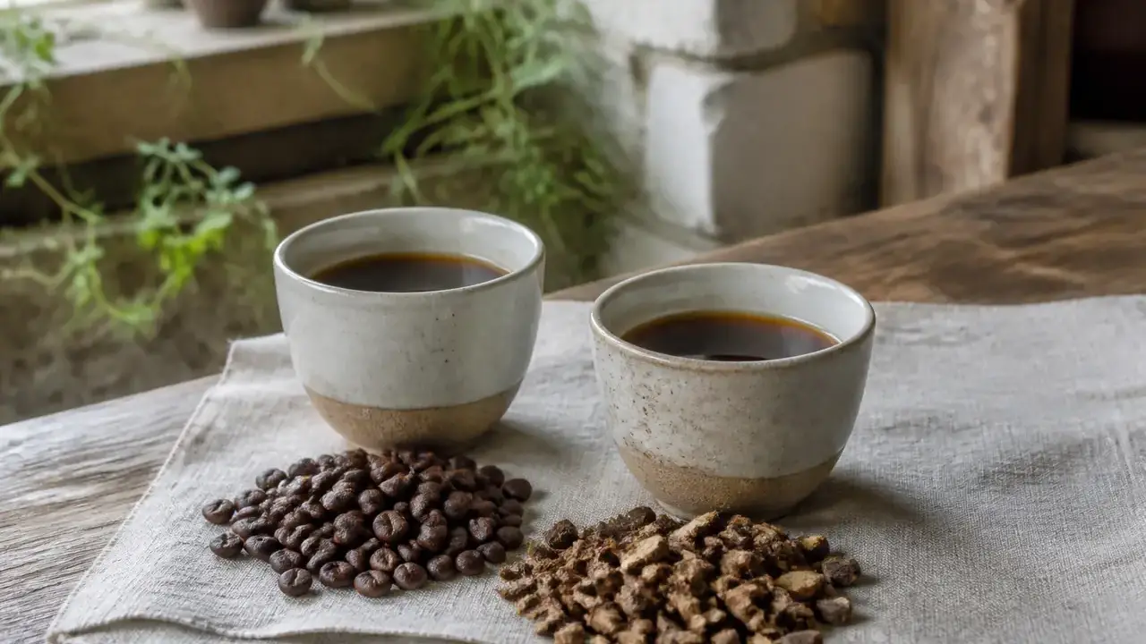 Deux tasses côte à côte, l’une de café noir, l’autre de chicorée, à côté de cossettes de racine torréfiées