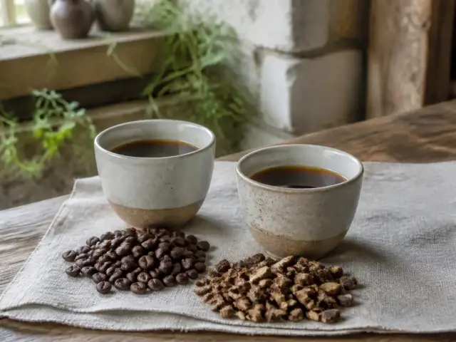 Deux tasses côte à côte, l’une de café noir, l’autre de chicorée, à côté de cossettes de racine torréfiées