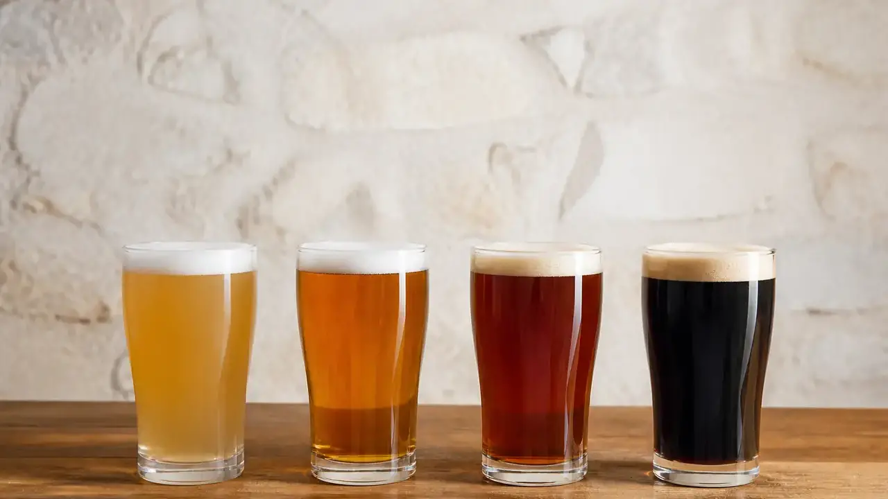 Quatre verres de bière alignés, de la plus pâle à la plus foncée, sur un comptoir en bois