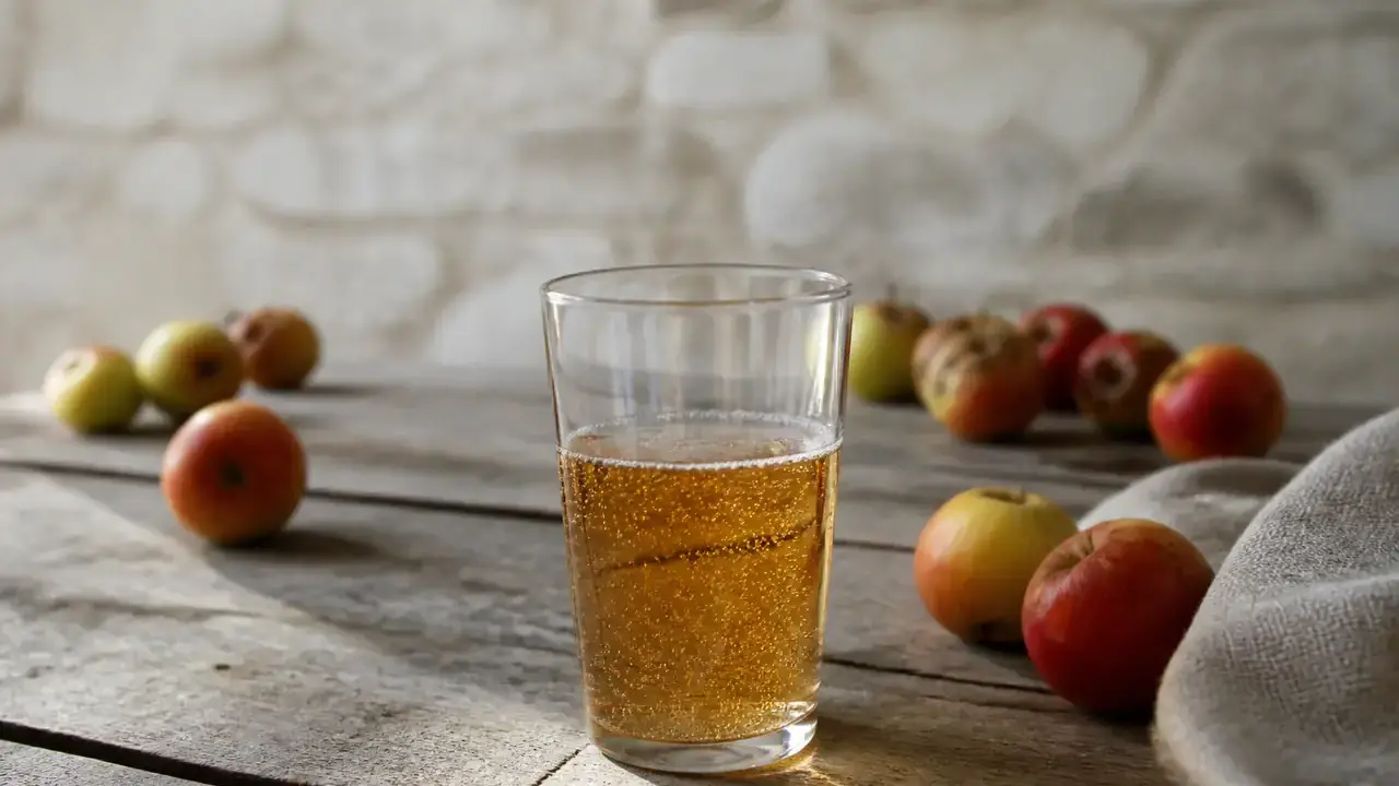 Un verre de cidre doré et pétillant posé sur une table en bois, à côté de quelques pommes à cidre