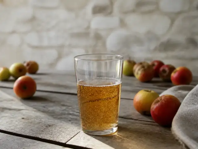 Un verre de cidre doré et pétillant posé sur une table en bois, à côté de quelques pommes à cidre