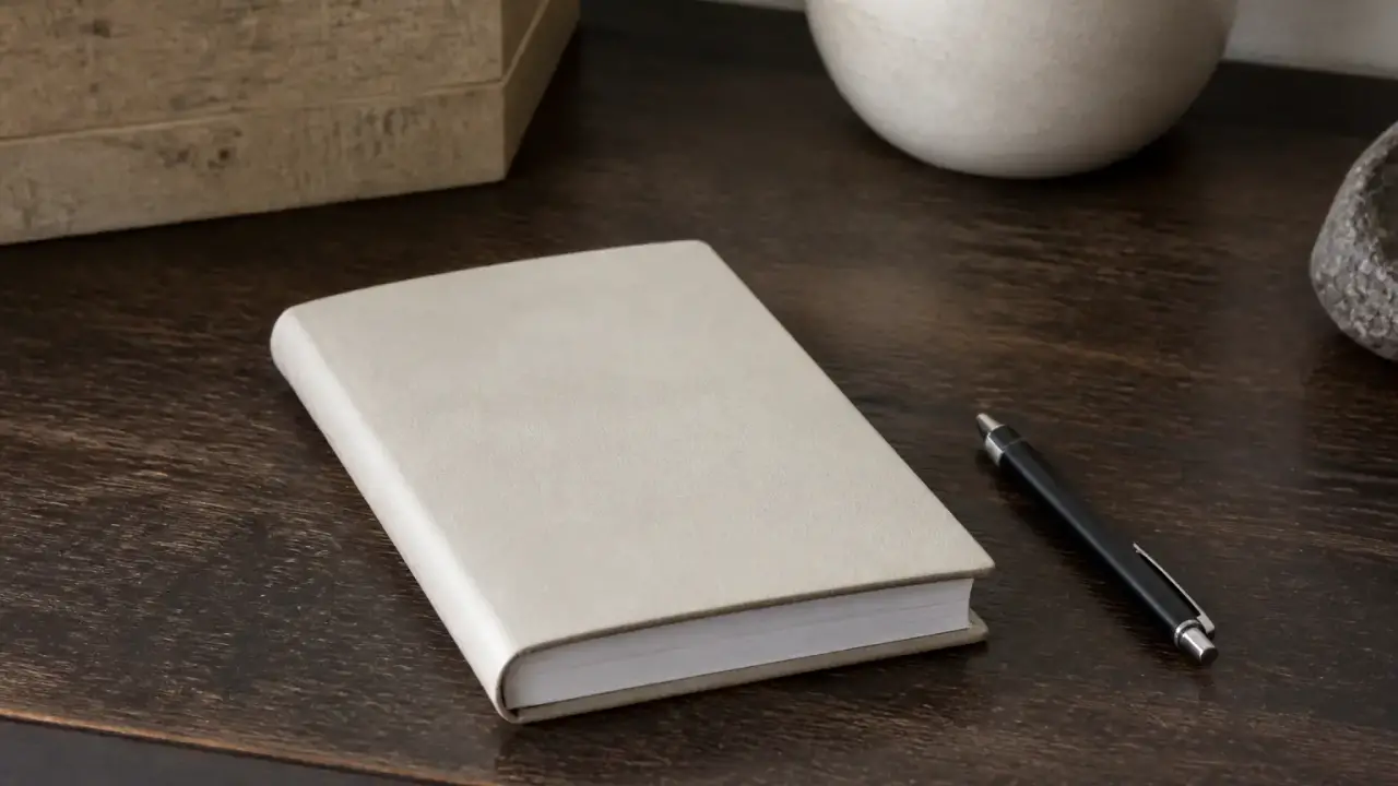 Un carnet relié fermé et un stylo posés sur un bureau de bois sombre