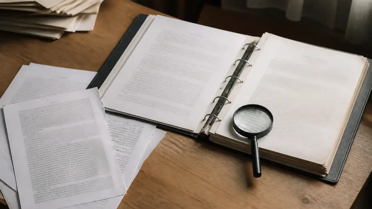 Des feuillets imprimés et un classeur ouvert sur une table de bois, une loupe posée sur une page