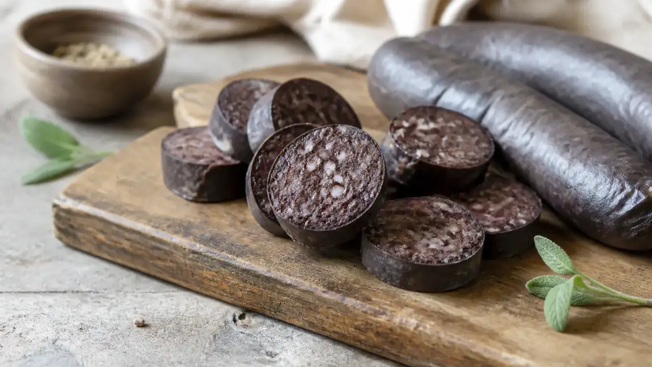 Tranches de boudin noir posées sur une planche en bois, la coupe sombre et granuleuse bien visible