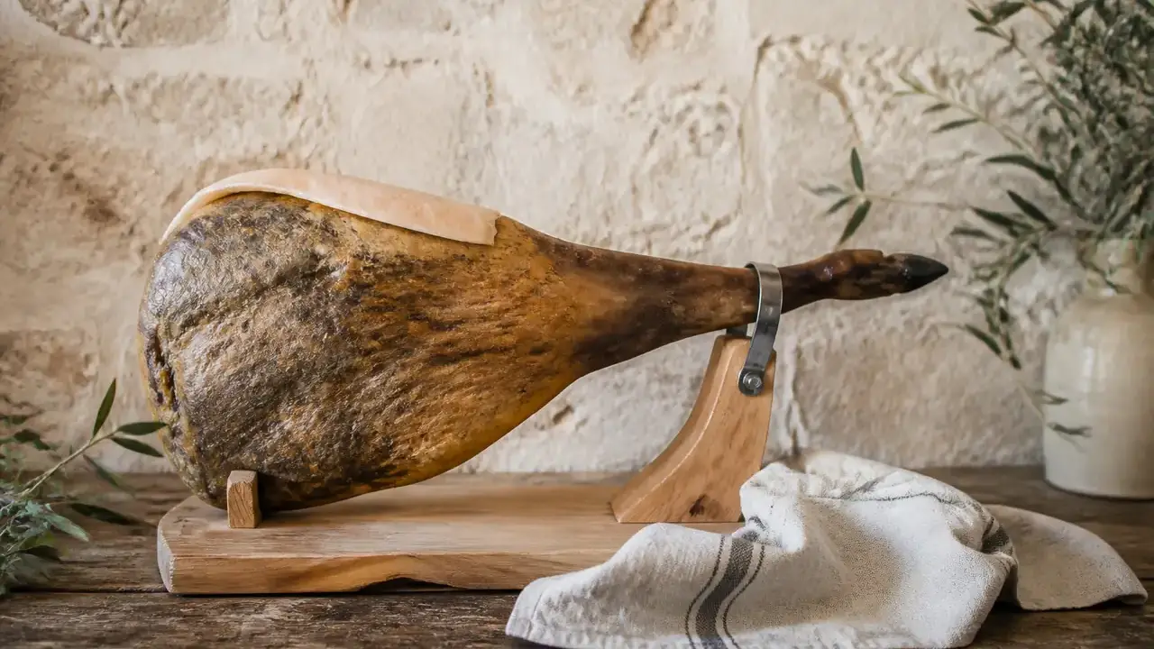 Jambon sec entier posé sur un support, la zone de coupe recouverte de sa couenne et de son gras