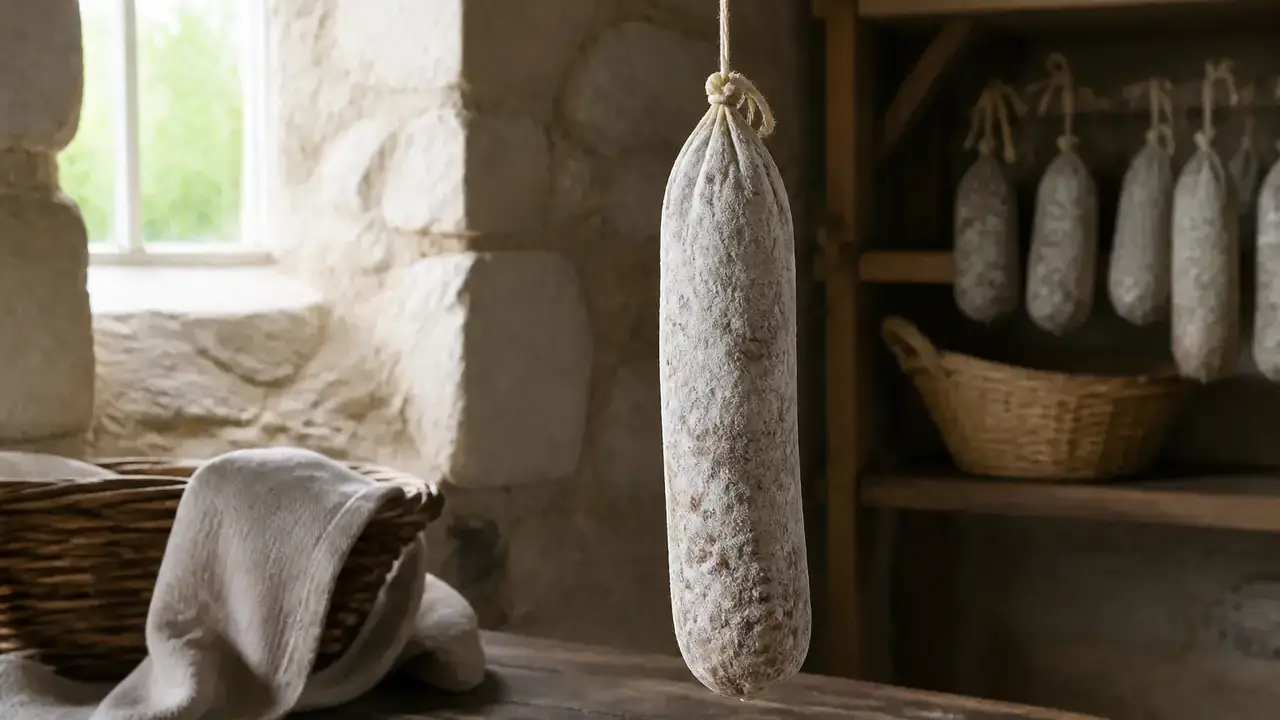 Saucisson sec entier couvert d’une fine fleur blanche, suspendu par sa ficelle dans un cellier