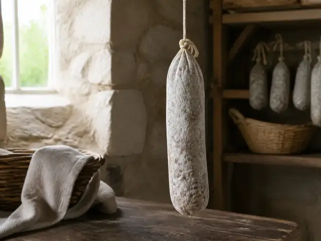 Saucisson sec entier couvert d’une fine fleur blanche, suspendu par sa ficelle dans un cellier