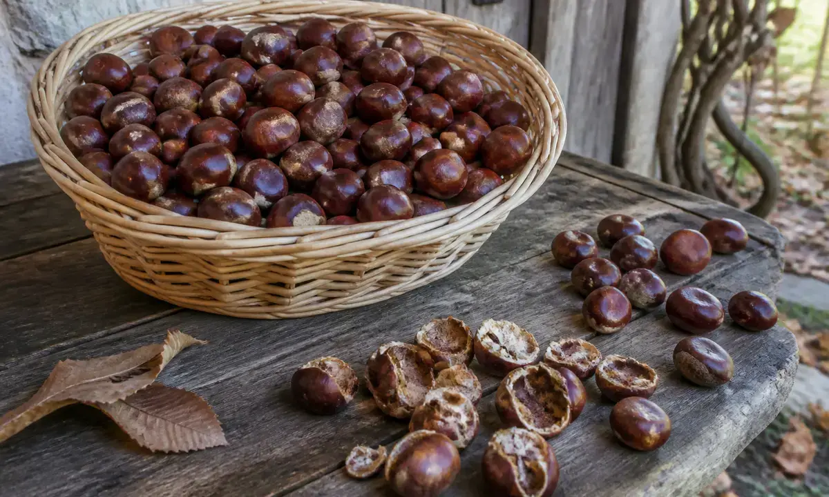 Panier de châtaignes sur table en bois montrant comment conserver les châtaignes efficacement