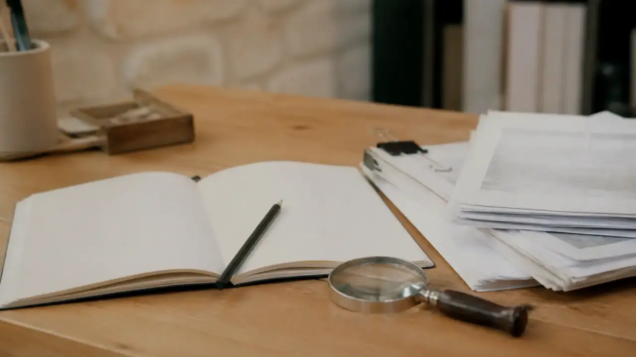 Un comptoir de bois clair avec un carnet ouvert, un crayon et une loupe posés à côté d’une pile de documents