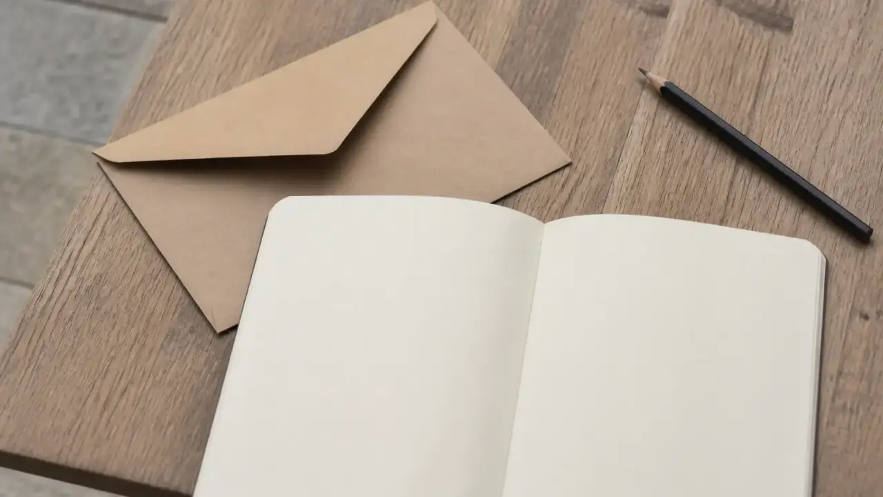 Une enveloppe kraft et un carnet ouvert posés sur une table de bois, un crayon à côté