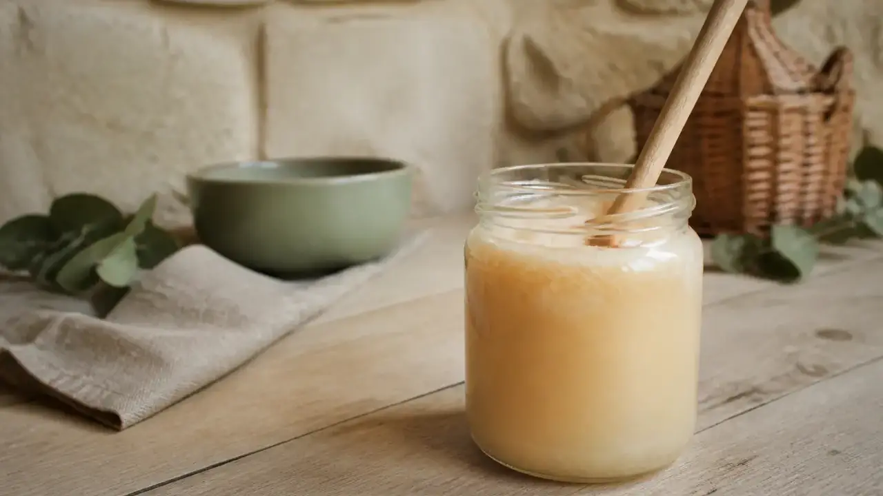 Pot de miel en verre ouvert, miel blanc et cristallisé, une cuillère en bois posée à côté