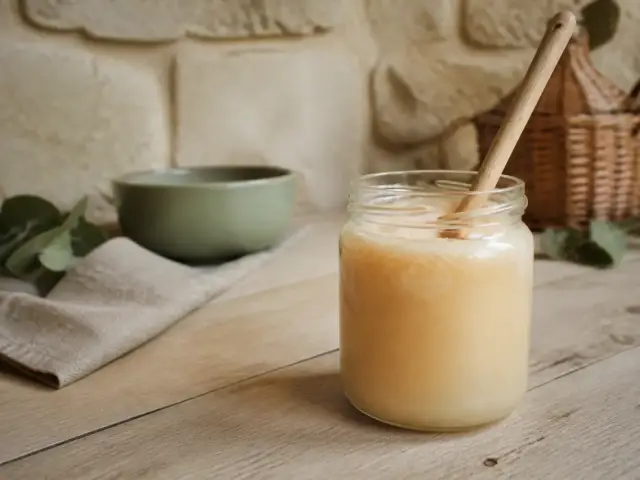 Pot de miel en verre ouvert, miel blanc et cristallisé, une cuillère en bois posée à côté