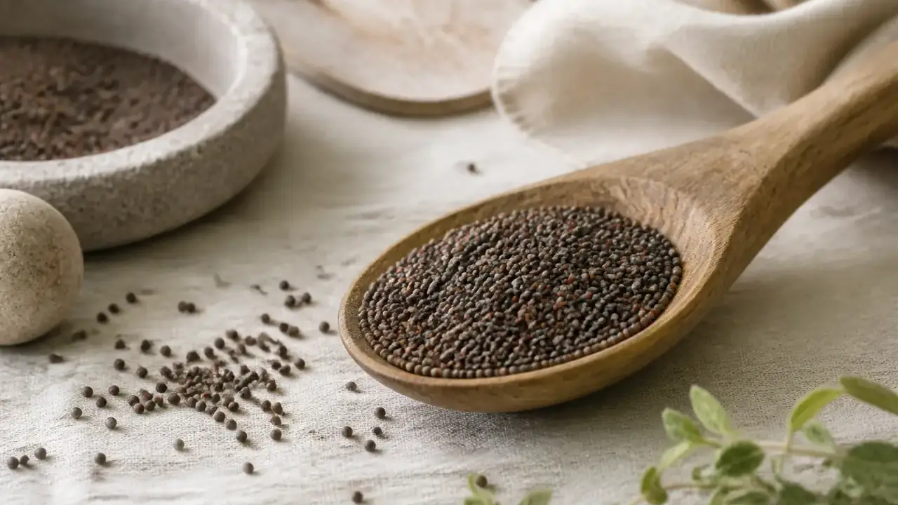 Graines de moutarde brunes et noires en tas sur une cuillère en bois, quelques graines éparpillées