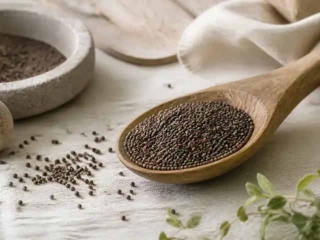 Graines de moutarde brunes et noires en tas sur une cuillère en bois, quelques graines éparpillées