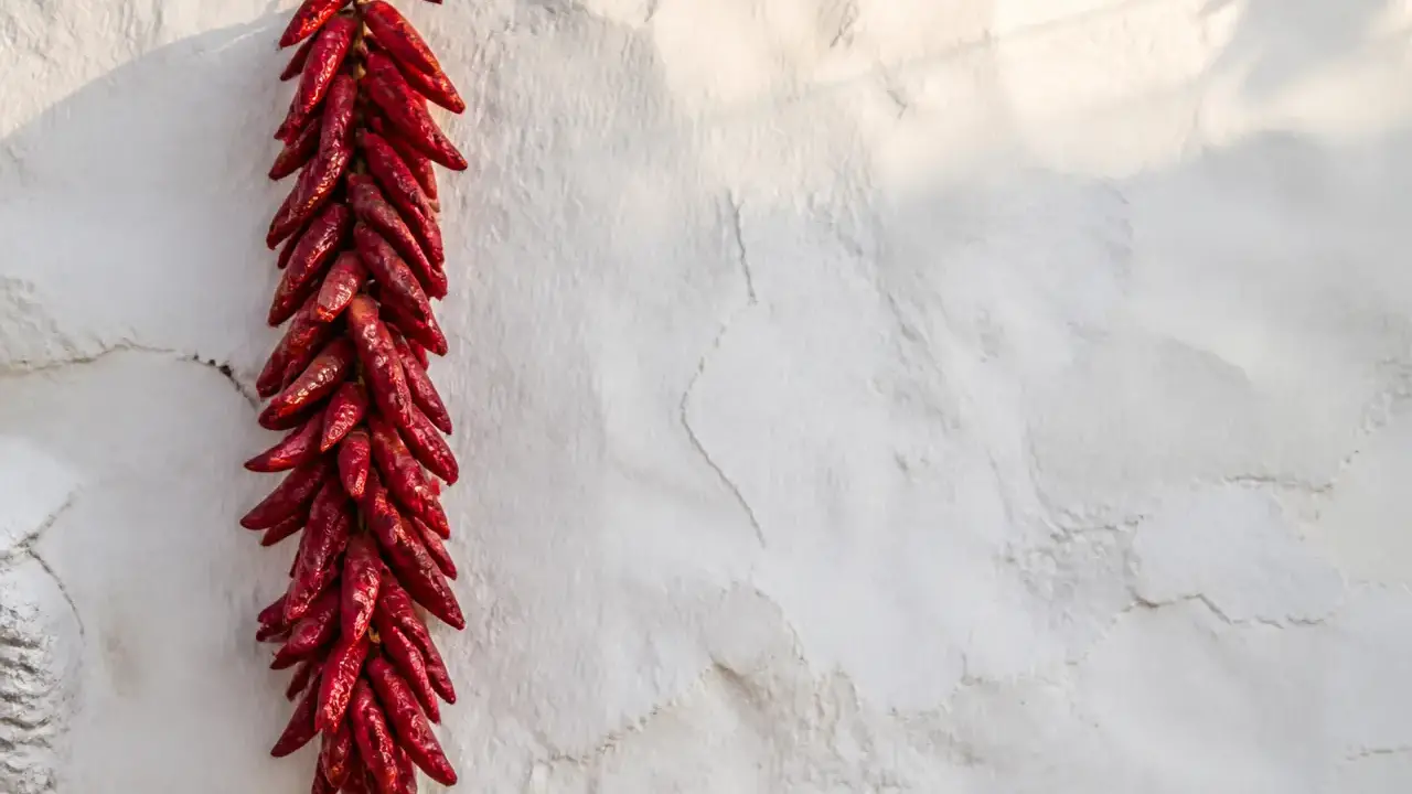 Piments rouges allongés enfilés en corde, suspendus contre un mur blanc