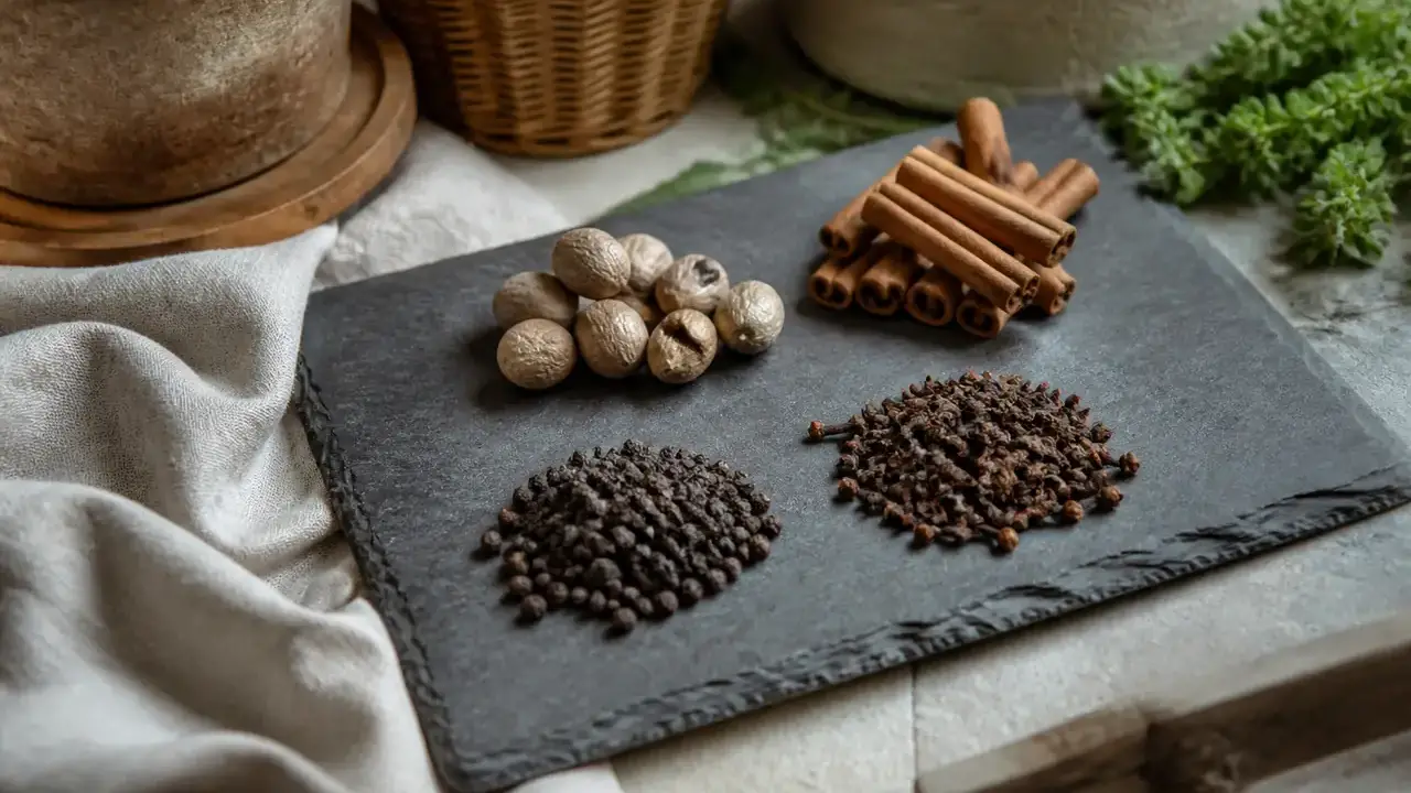 Quatre petits tas d’épices moulues et entières, clous de girofle, noix muscade, grains de poivre et bâtons de cannelle