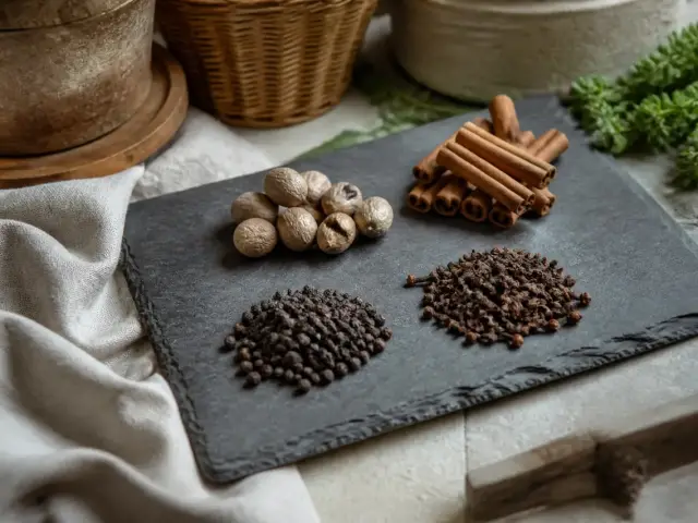 Quatre petits tas d’épices moulues et entières, clous de girofle, noix muscade, grains de poivre et bâtons de cannelle