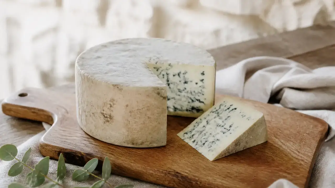 Fourme cylindrique à croûte grise entamée, tranche de pâte crème veinée de bleu