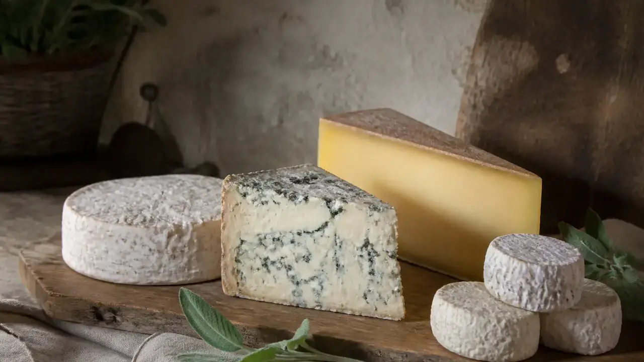 Plateau de bois garni de fromages variés : pâte persillée, croûte fleurie, morceau de meule et petits fromages de chèvre
