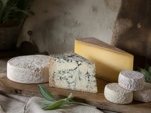 Plateau de bois garni de fromages variés : pâte persillée, croûte fleurie, morceau de meule et petits fromages de chèvre
