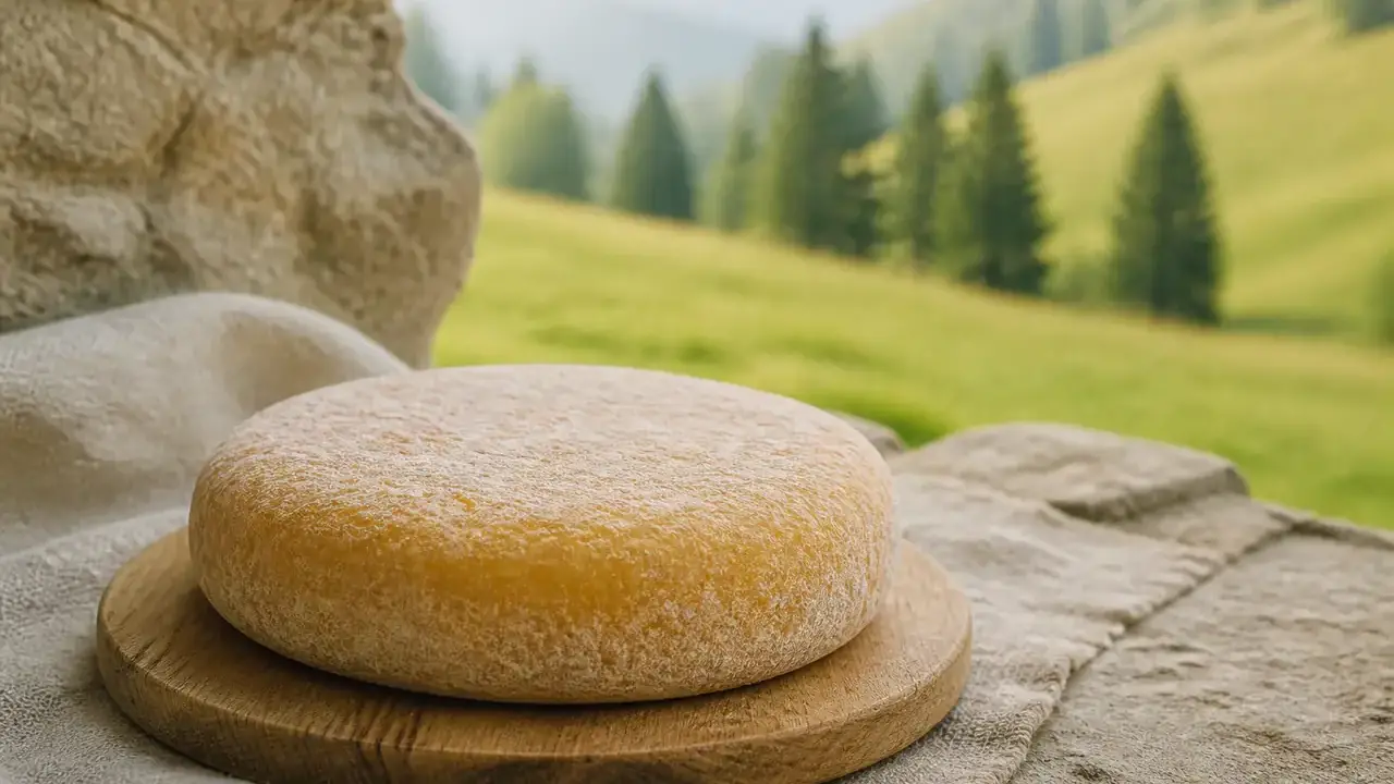 Fromage rond et plat à croûte orangée couverte d’une fine mousse blanche, posé sur un disque de bois