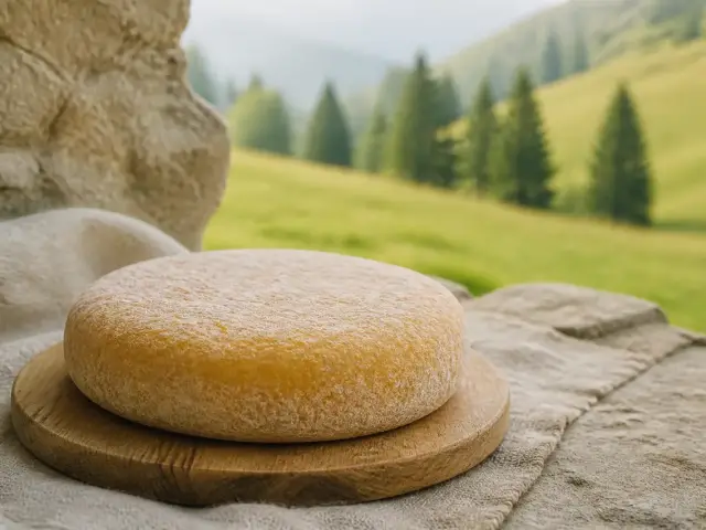 Fromage rond et plat à croûte orangée couverte d’une fine mousse blanche, posé sur un disque de bois