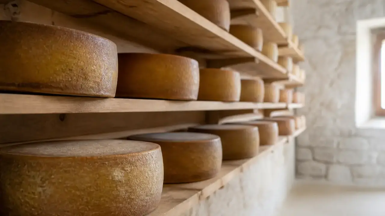 Meules de comté à croûte brun doré rangées sur des planches d’épicéa dans une cave d’affinage