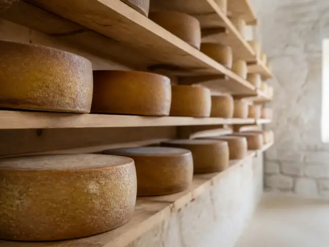 Meules de comté à croûte brun doré rangées sur des planches d’épicéa dans une cave d’affinage