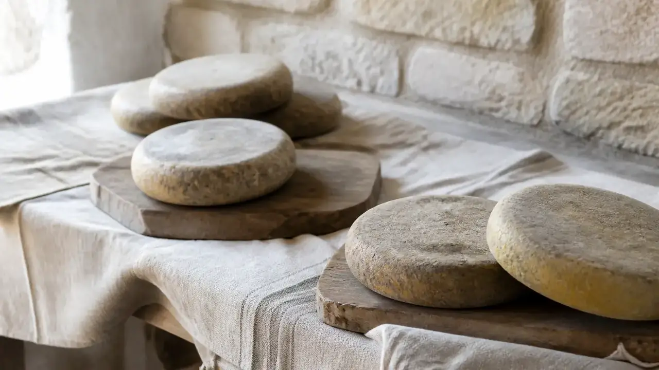 Fromages ronds et plats à croûte grise et brune posés sur des planches de bois dans une cave