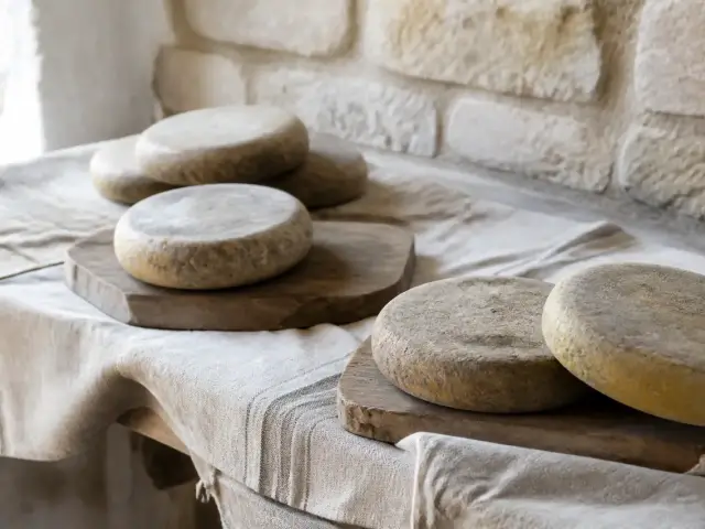 Fromages ronds et plats à croûte grise et brune posés sur des planches de bois dans une cave