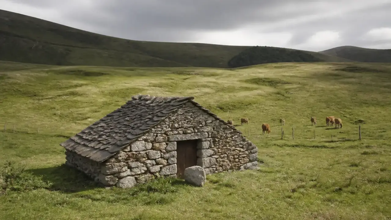 Une estive verte au relief volcanique, un buron de pierre et quelques vaches au loin