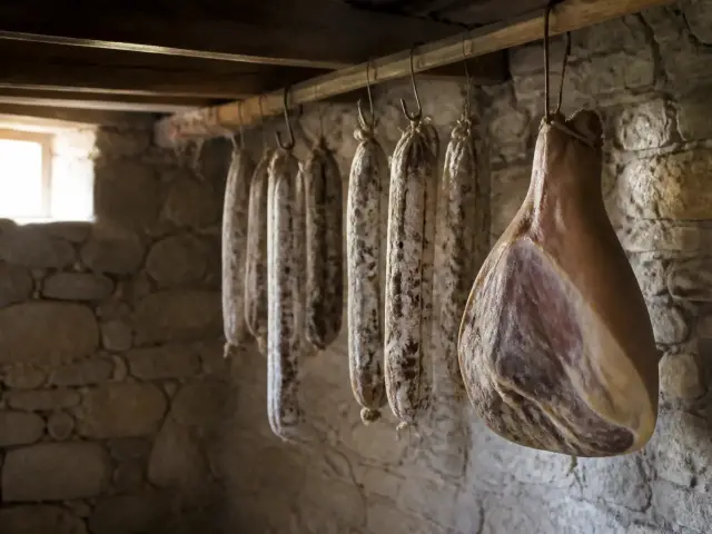 Des saucissons secs et un jambon suspendus dans un séchoir aux murs de pierre