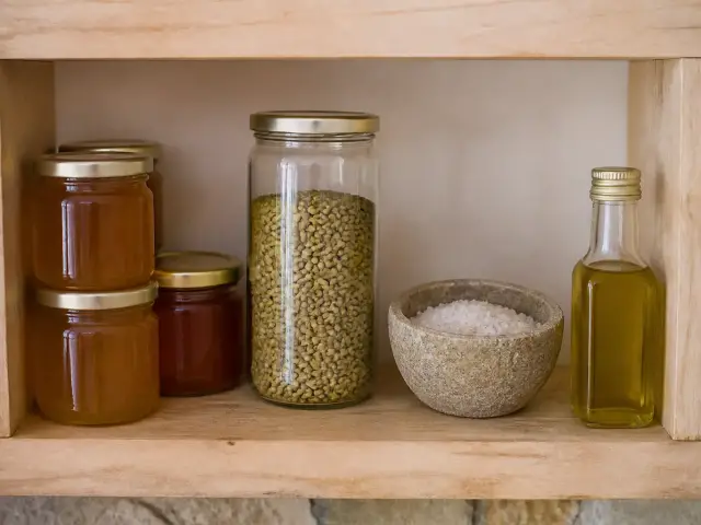 Des pots de miel sans étiquette, un bocal de lentilles vertes et un bol de gros sel sur une étagère en bois