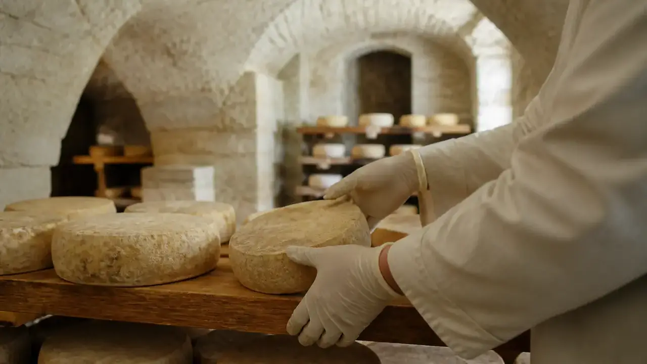 Mains gantées retournant des fromages ronds sur des étagères en bois dans une cave voûtée