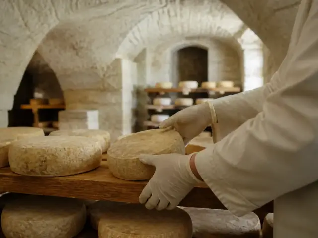 Mains gantées retournant des fromages ronds sur des étagères en bois dans une cave voûtée