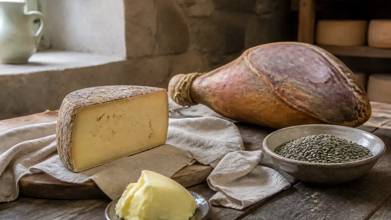 Produits du terroir sans emballage sur une table de bois : fromage, motte de beurre, jambon sec, lentilles