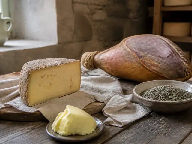 Produits du terroir sans emballage sur une table de bois : fromage, motte de beurre, jambon sec, lentilles